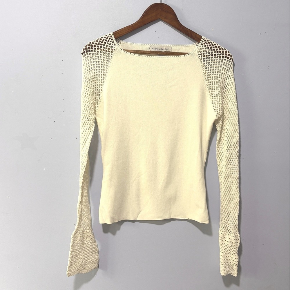 Bianca Nygard Cream Crochet Mesh Sleeve Boat Neck Knit Top Small 08118732